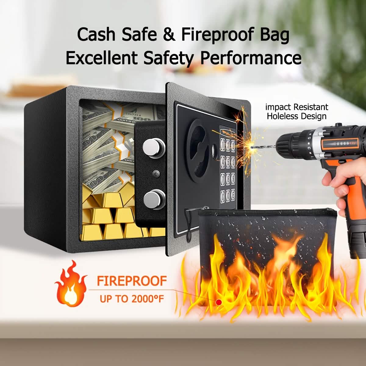 Fireproof Digital Home Safe with Keypad, Sensor Light & Money Bag - Silver - PhishStones Products