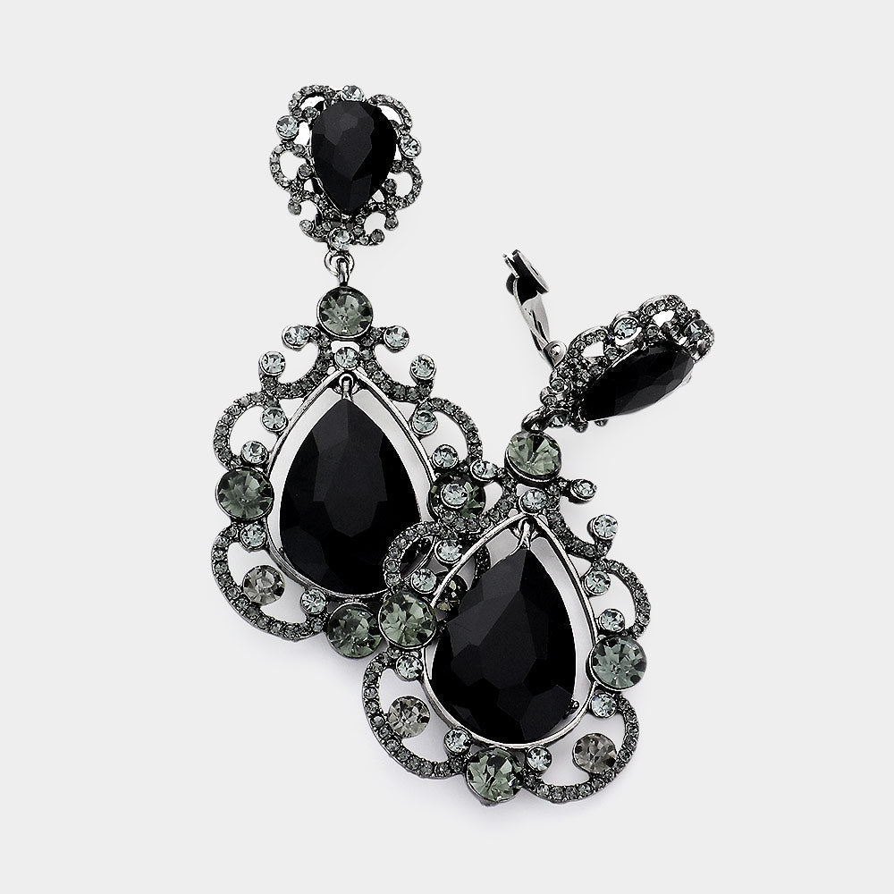 Floral Crystal Teardrop Clip On Evening Earrings