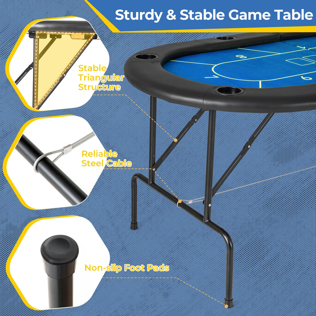 72 x 36 x 30.5 Inch Foldable Poker Table with 8 Cup Holders-Blue