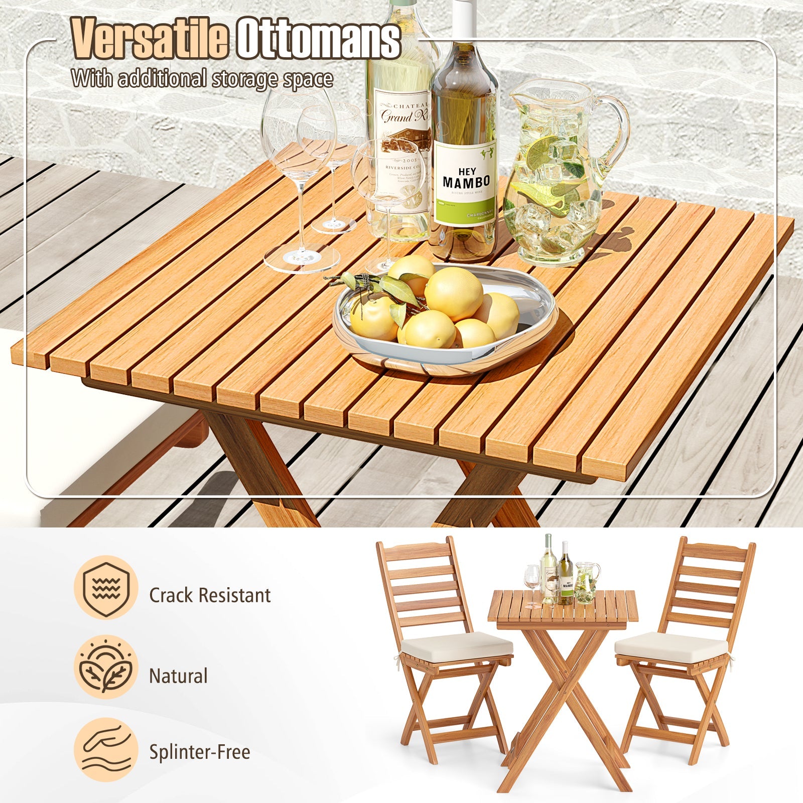 Folding Chair Table Set with Soft Seat Cushions and Table-White