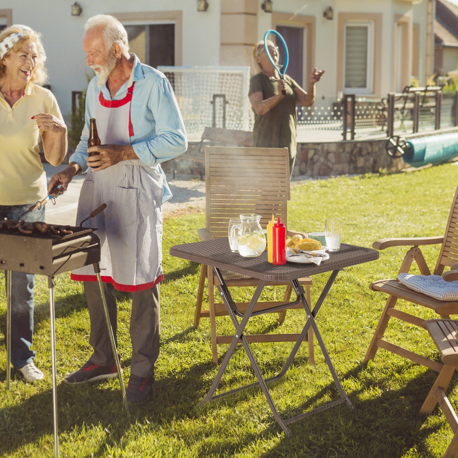 Folding Picnic Table with Rattan Grain HDPE Tabletop and Sturdy Metal Fame-Coffee