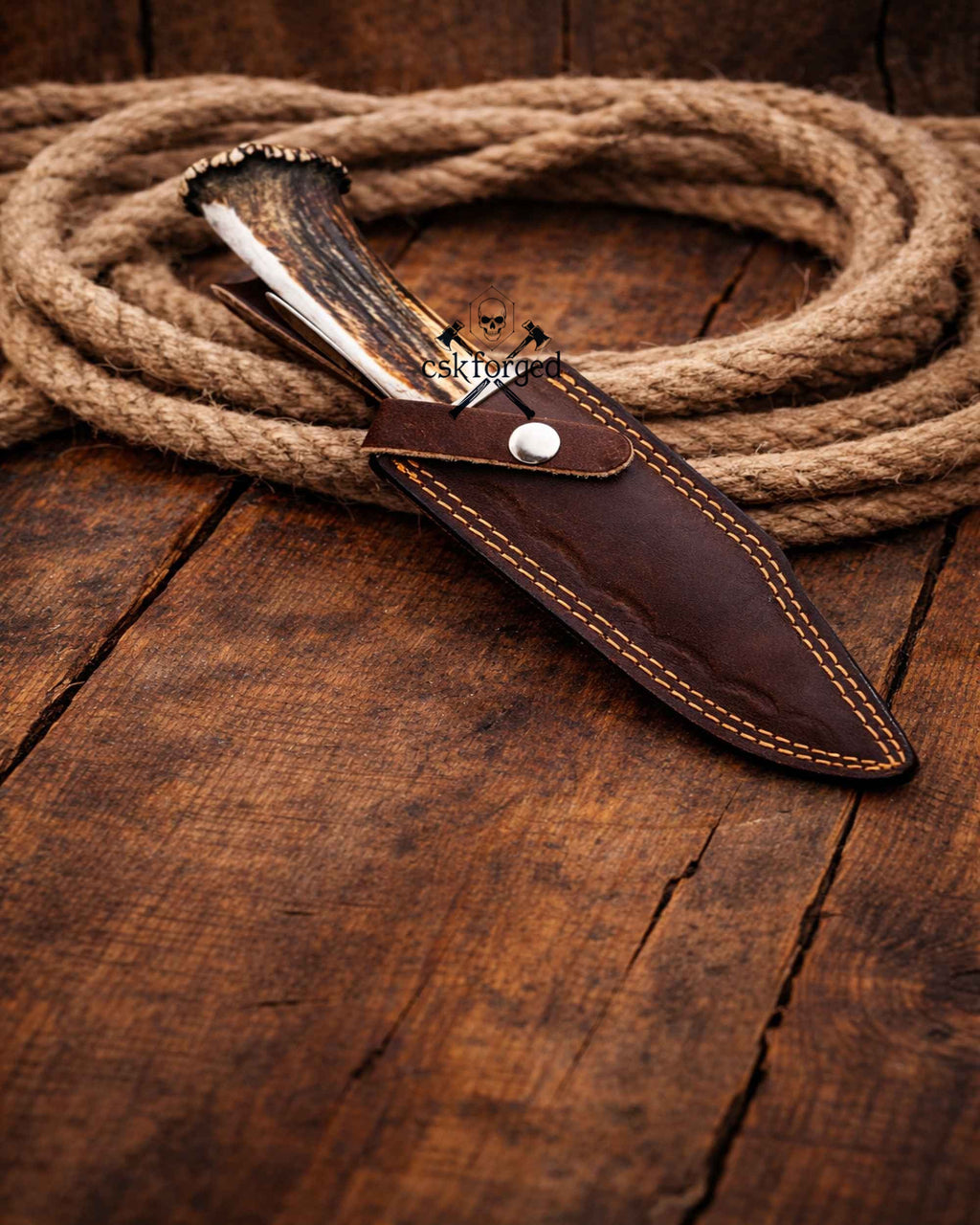 Frontier Demon Hunting Knife – Custom Forged Ruby Blade with Stag Handle - PhishStones Products