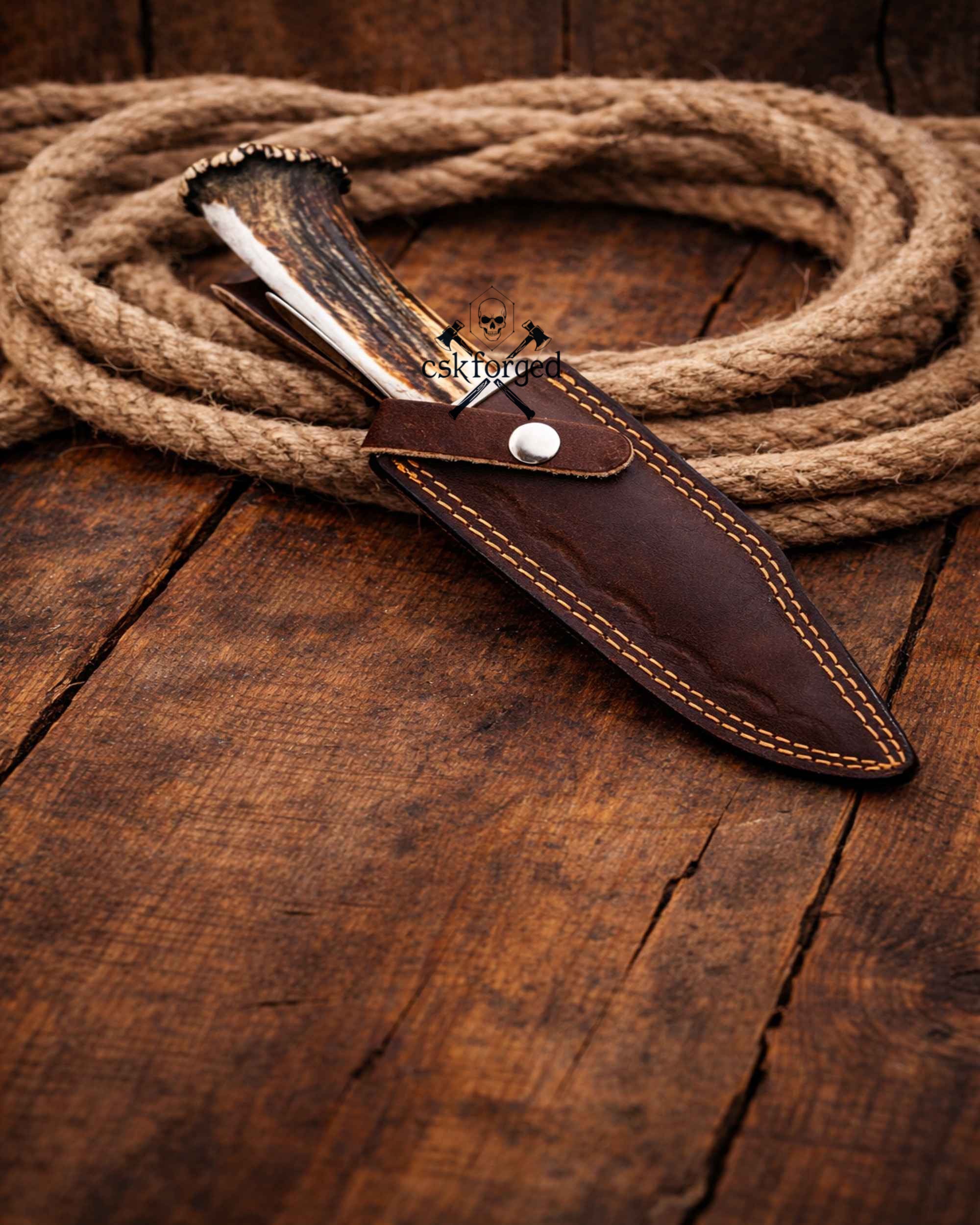 Frontier Demon Hunting Knife – Custom Forged Ruby Blade with Stag Handle - PhishStones Products
