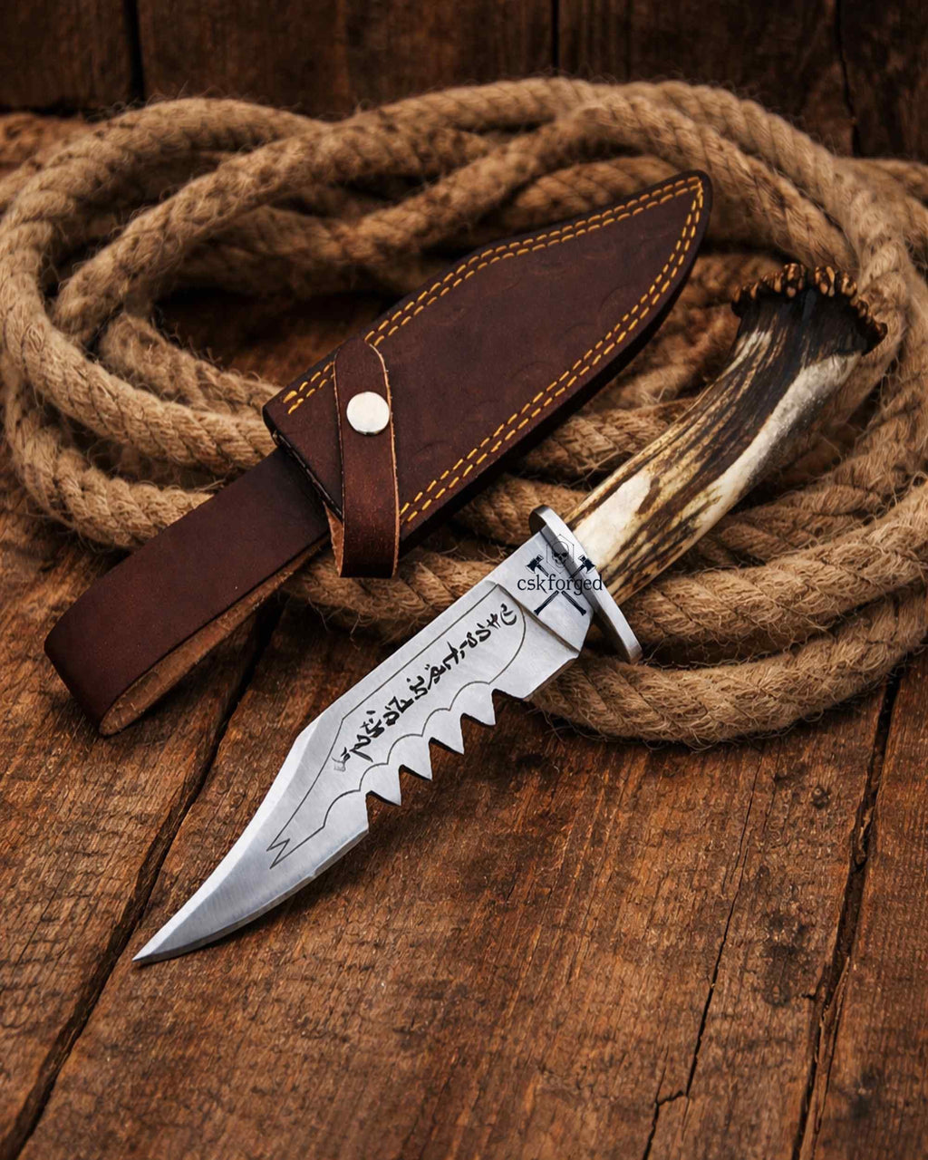 Frontier Demon Hunting Knife – Custom Forged Ruby Blade with Stag Handle - PhishStones Products