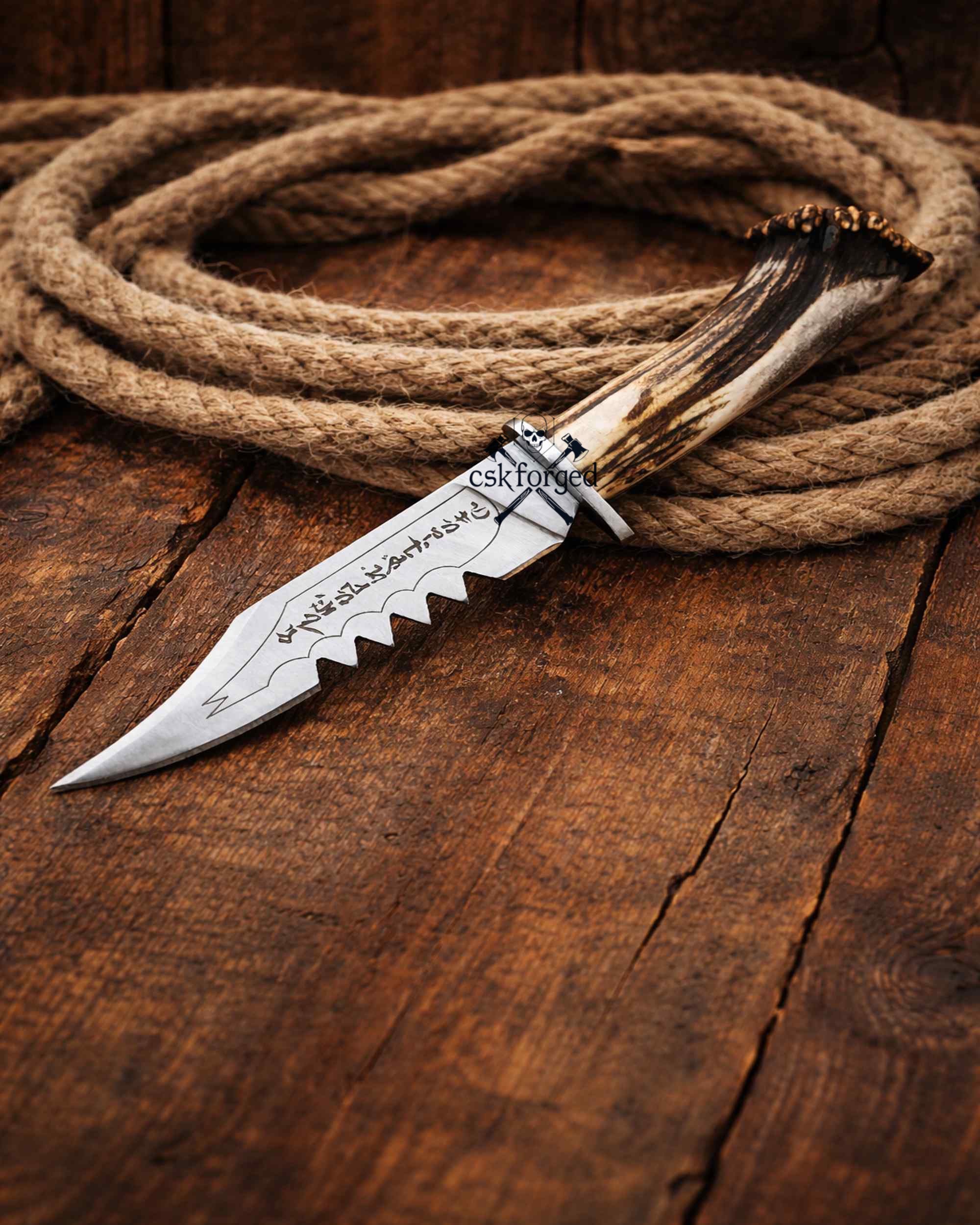 Frontier Demon Hunting Knife – Custom Forged Ruby Blade with Stag Handle - PhishStones Products