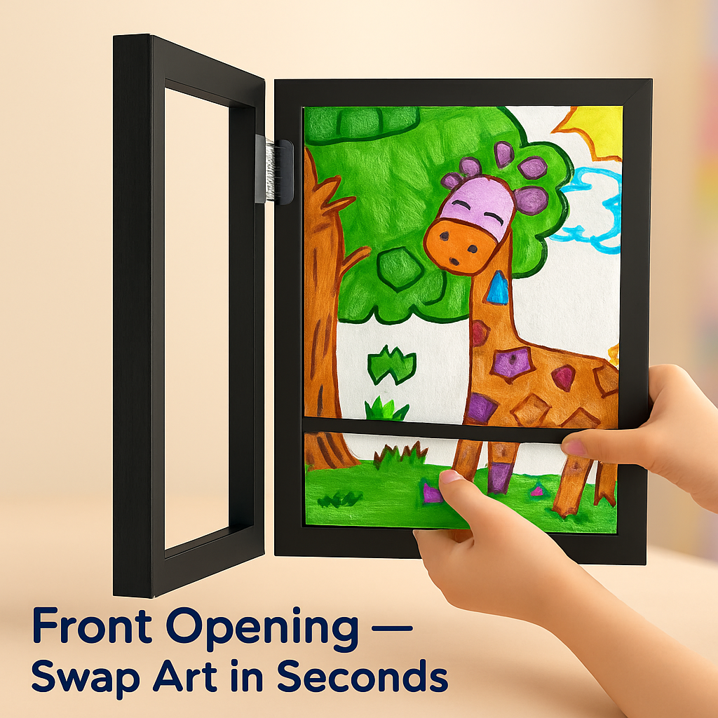 Kids Art Frame - Front-Opening Wooden Display for Artwork