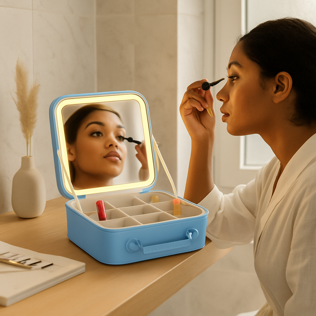 Travel Makeup Bag with LED Mirror - Blue