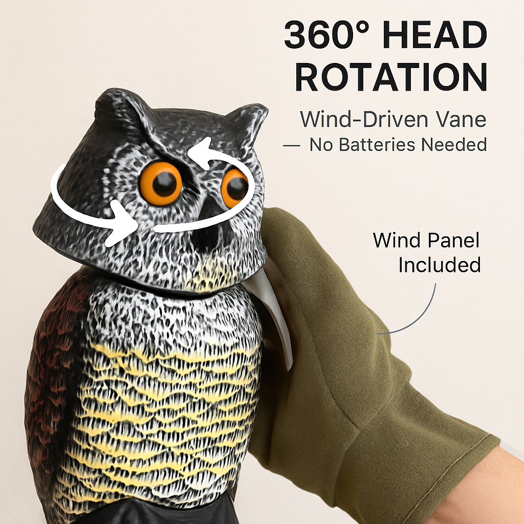 Owl Decoy with Rotatable Head for Bird and Squirrel Control