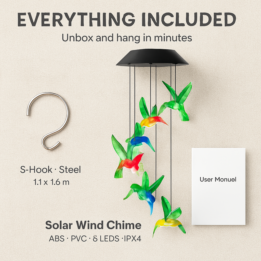 Solar Hummingbird Wind Chime Color Changing