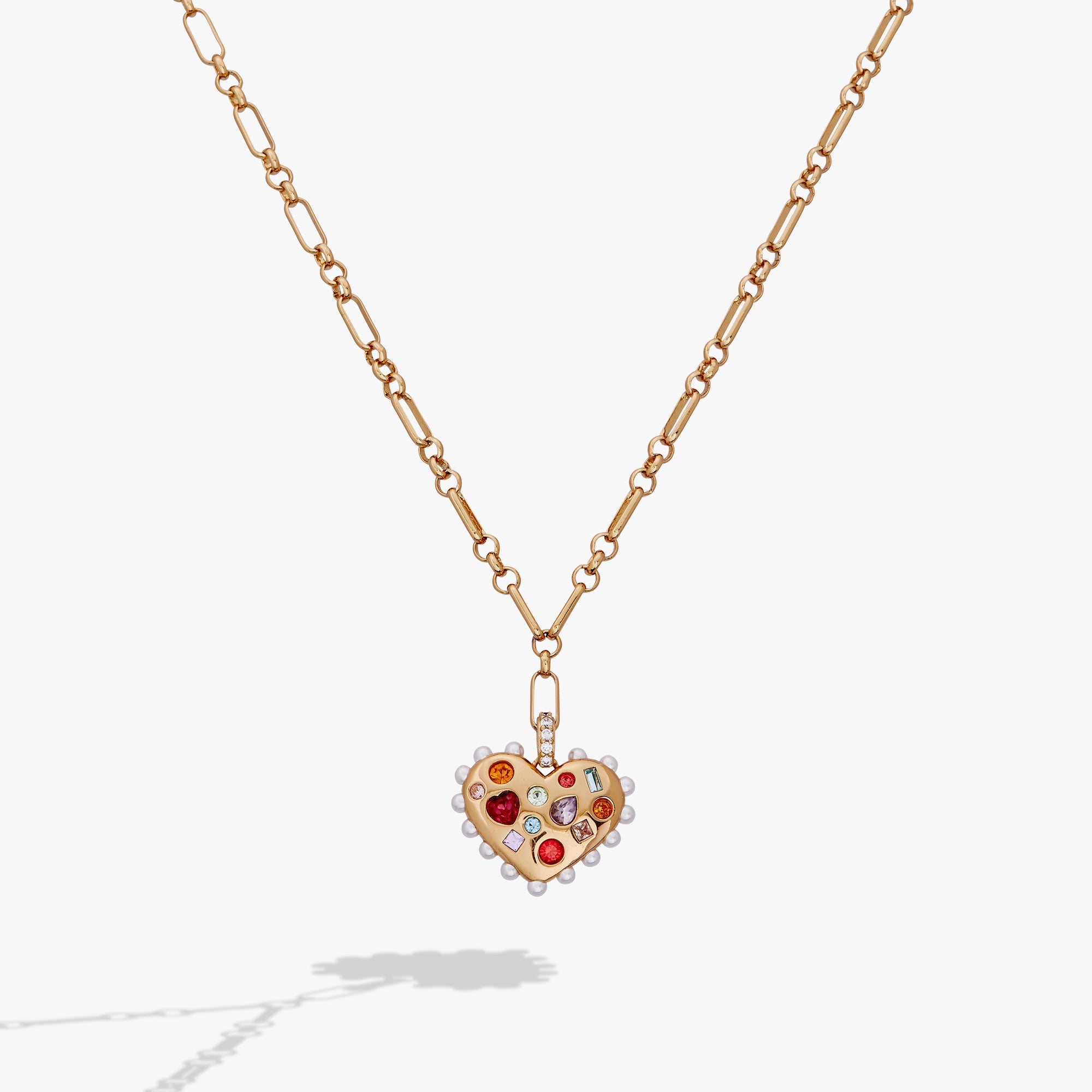 Puffy Heart Gemstone And Pearl Pendant Necklace