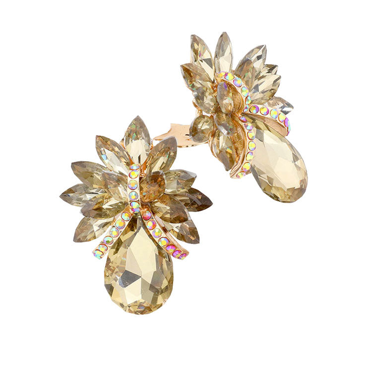 Glass Crystal Petal Teardrop Clip On Earrings