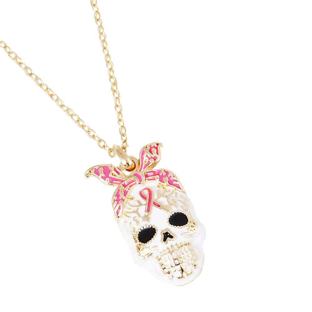Gold Dipped Enamel Pink Ribbon Skull Pendant Necklace