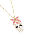 Gold Dipped Enamel Pink Ribbon Skull Pendant Necklace