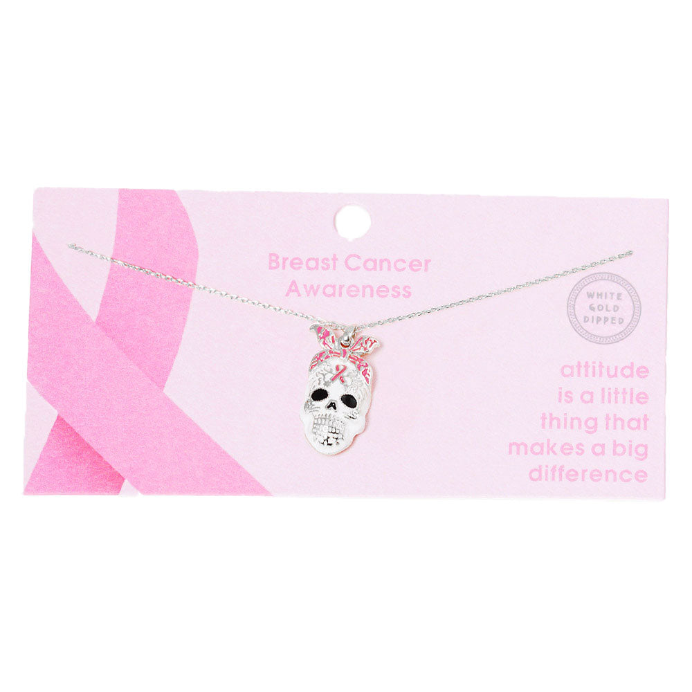Gold Dipped Enamel Pink Ribbon Skull Pendant Necklace