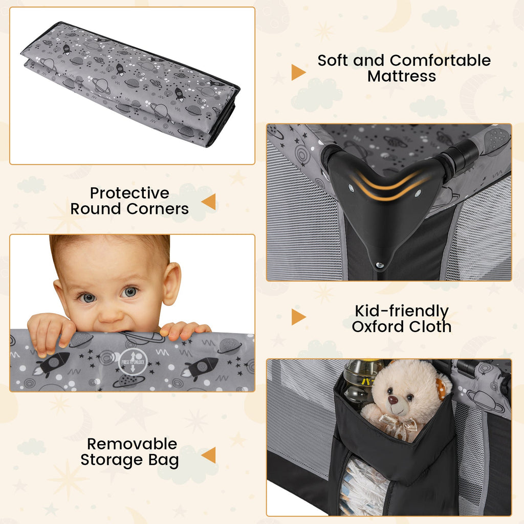 Multi-Functional Baby Playpen with Mattress and Removable Changing Table-Gray