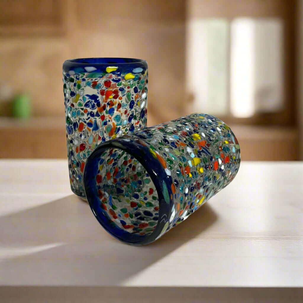 Confetti Pebbled Glass | Blue Rim Hand-Blown Mexican Tumbler