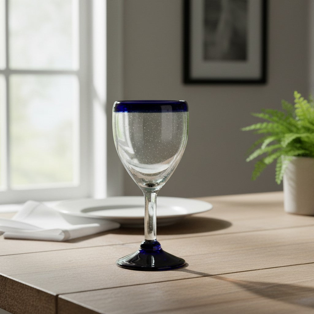 Hand-Blown Mexican Wine Glass | Cobalt Rim Design