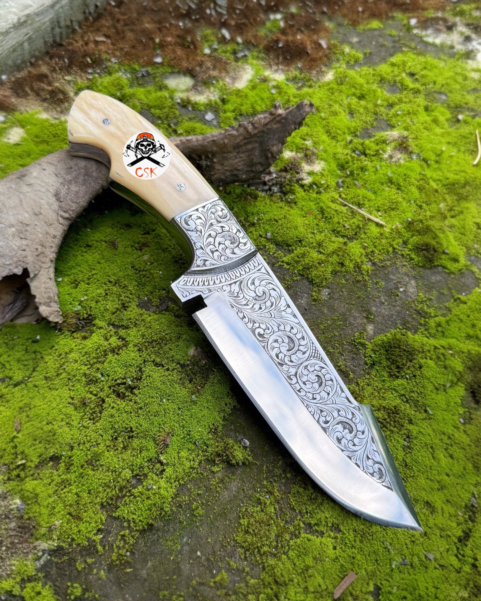 Hand - Engraved Hunting Knife – Custom Fixed Blade with Bone Handle & Ornate Scrollwork - PhishStones Products