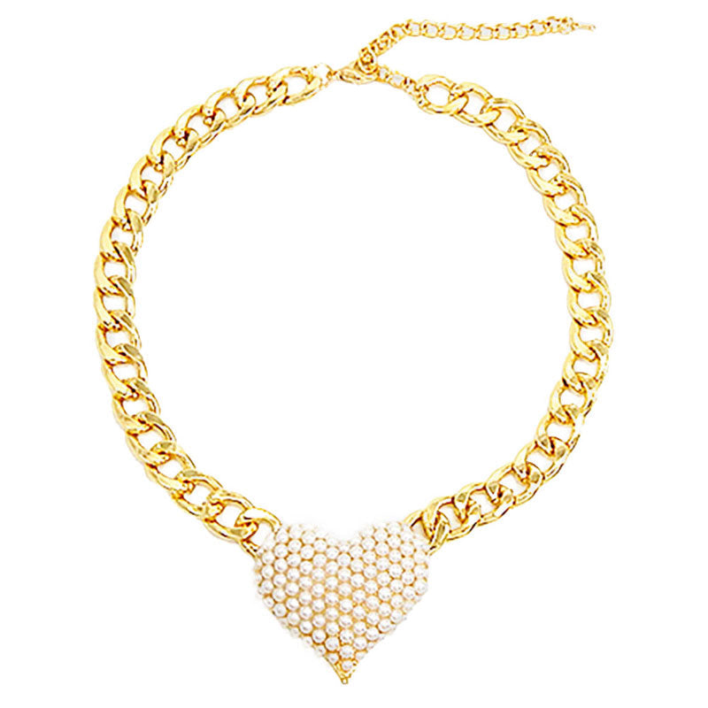 Heart Rhinestone Pave Chunky Metal Chain Necklace