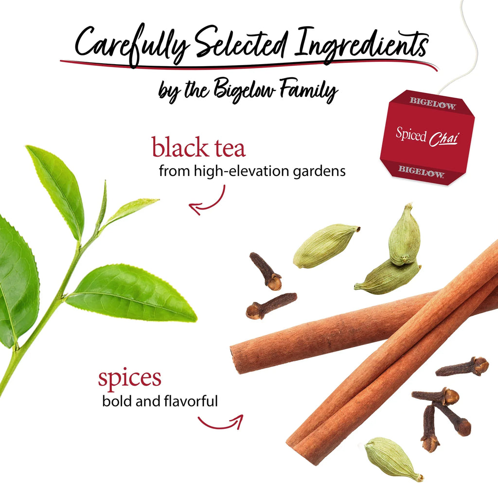 Bigelow Spiced Chai Black Tea Bags, Pack of 6 Boxes, 20 Bags Each.