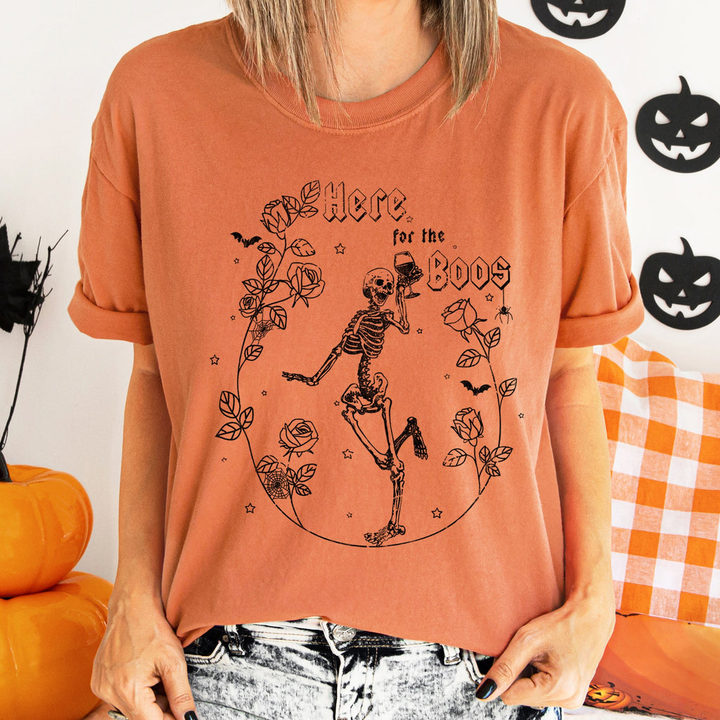 Here For The Boos Retro Halloween Vintage Night Party Spooky Illustration Comfort Colors Tee