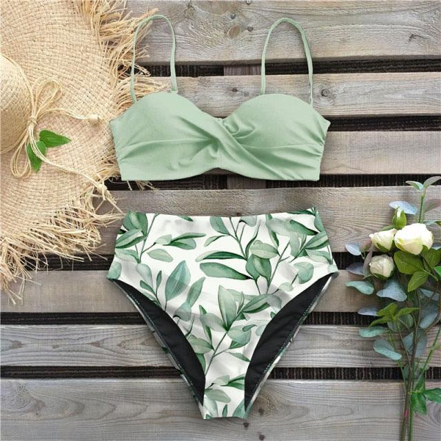High Waist Bikini Set Women  Bikini Flower Swimwear Women High Waist Bikini Halter Two Piece Bathing Suits Tummy Control Swimsuit Push Up Swimwear Vintage Halter Neck Swimsuit Female Green Bathing Suit