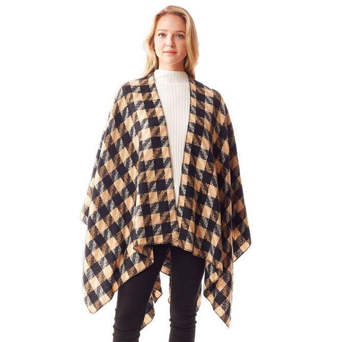 Houndstooth Printed Ruana Poncho Houndstooth Open Poncho