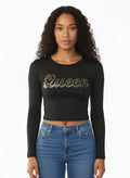 Black Long Sleeve Crew Neck Crop Top – Queen Print