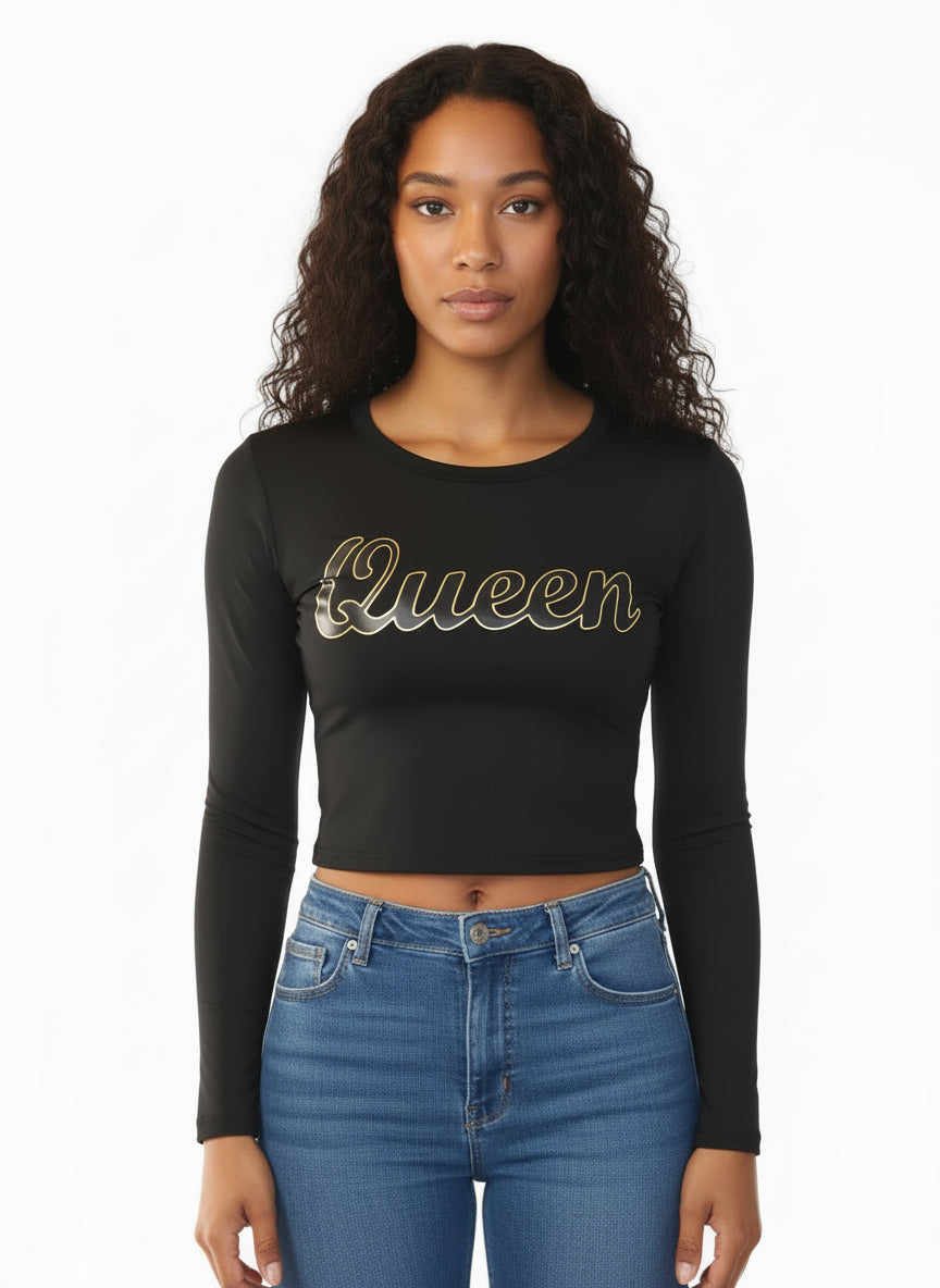 Black Long Sleeve Crew Neck Crop Top – Queen Print