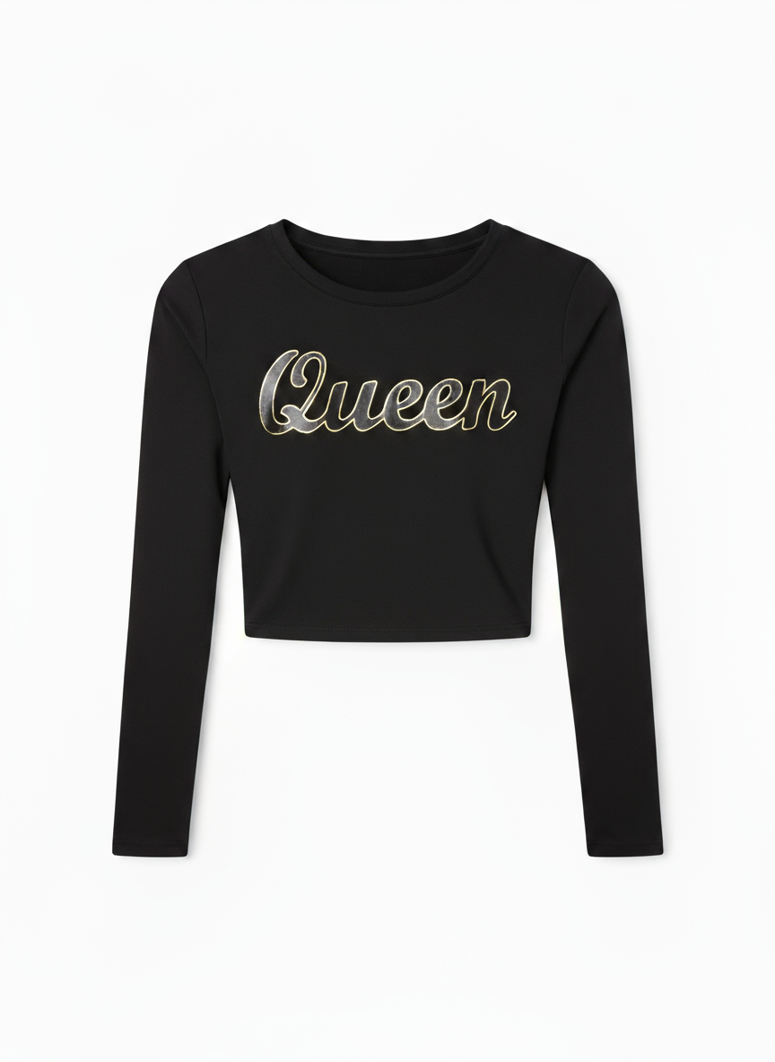 Black Long Sleeve Crew Neck Crop Top – Queen Print