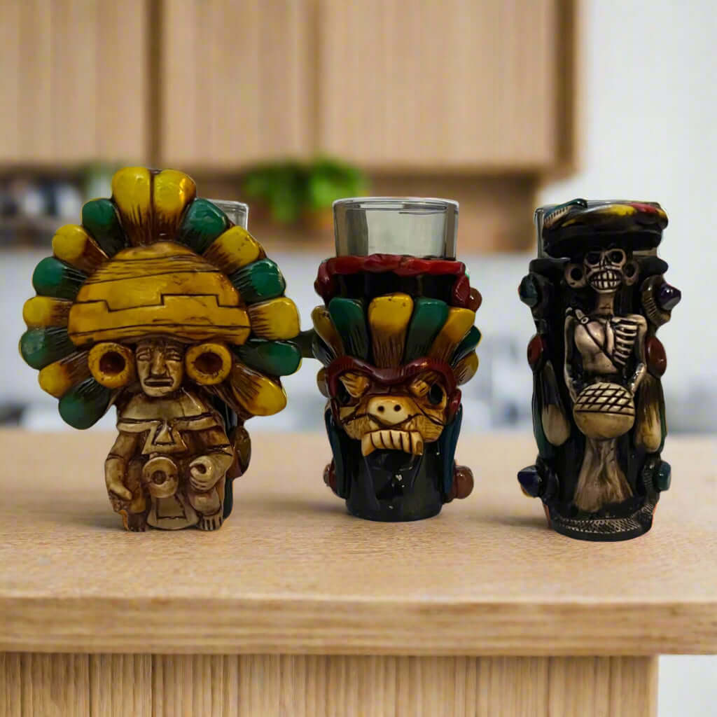 Aztec Warrior Tequila Set | Handmade Mexican Shot Glass & Decanter Set