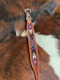 Genuine leather dog collar with red, black, periwinkle, white, and gold southwest beaded inlay design