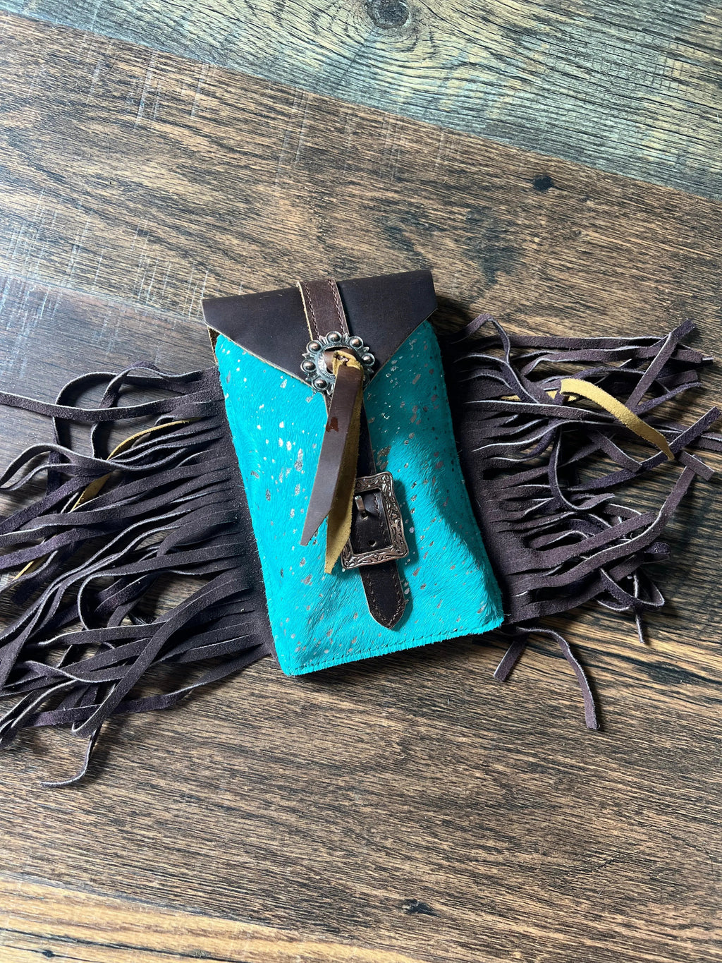 Acid Wash Teal Hair on Cowhide Saddle Bag Rear Cinch