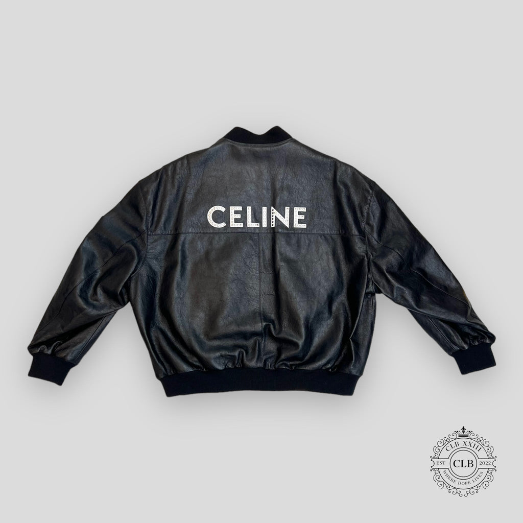 Celine Homme Studded Logo Leather Bomber Jacket in Black