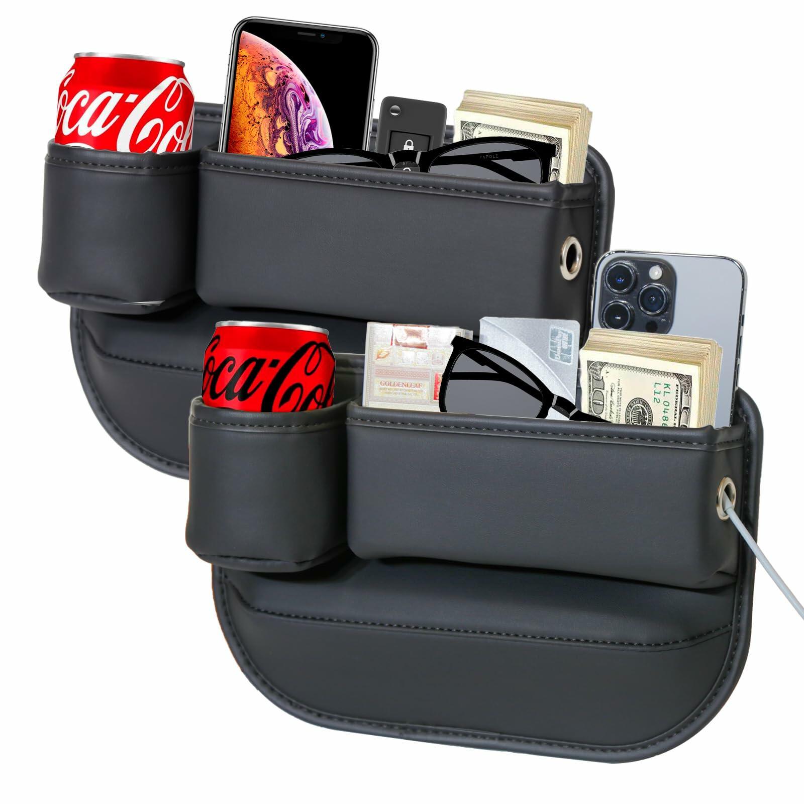INTMOOD 2 Pack Car Seat Gap Organizer Leather Cup Holder Storage Box Black - PhishStones Products