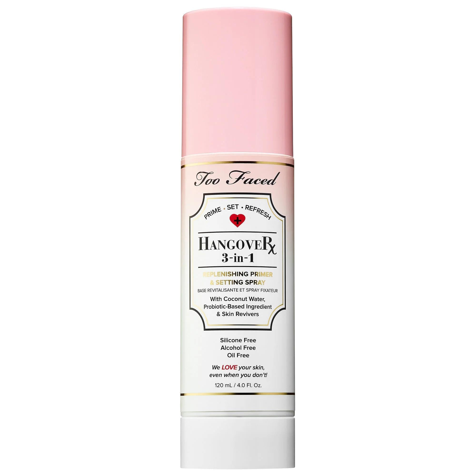 Too Faced Hangover 3-in-1: Hydrating Coconut Water Primer & Setting Spray | Refresh, Brighten, Long-Lasting Makeup