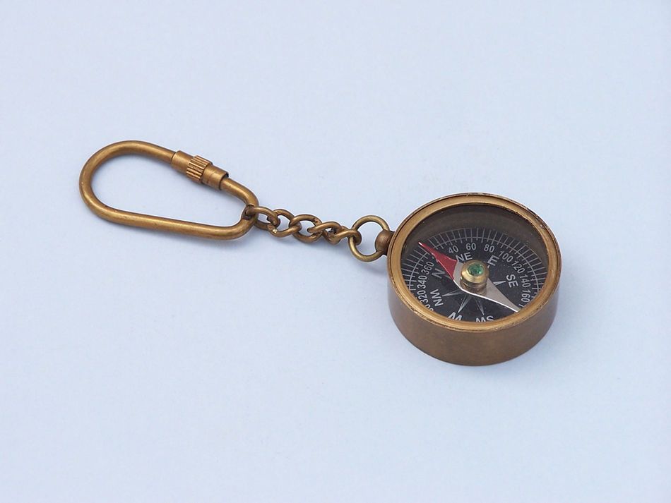 Antique Brass Compass Key Chain 5""