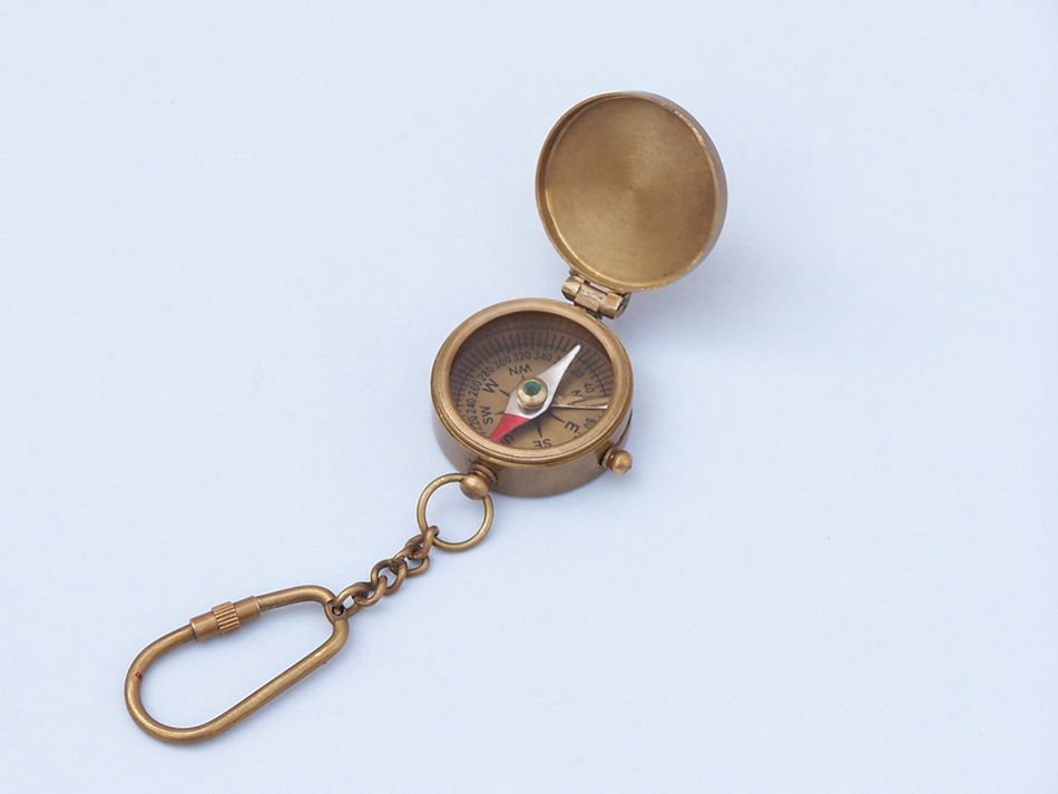 Antique Brass Compass w/ Lid Key Chain 5""