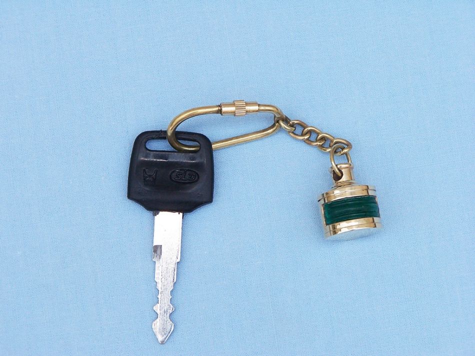 Solid Brass Green Ship Oil Lamp Key Chain 4""