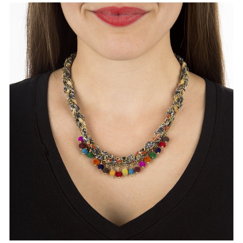 GreaterGood Kantha Carnival Necklace - Recycled Textile Double-Strand Brass Chain