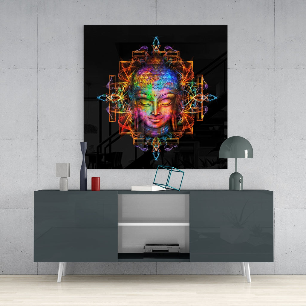 Rainbow Mandala Buddha Head Glass Wall Art