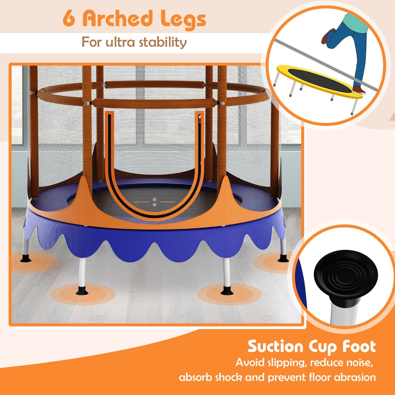 64 Inch Kids Trampoline with Detachable Canopy and Safety Enclosure Net-Orange