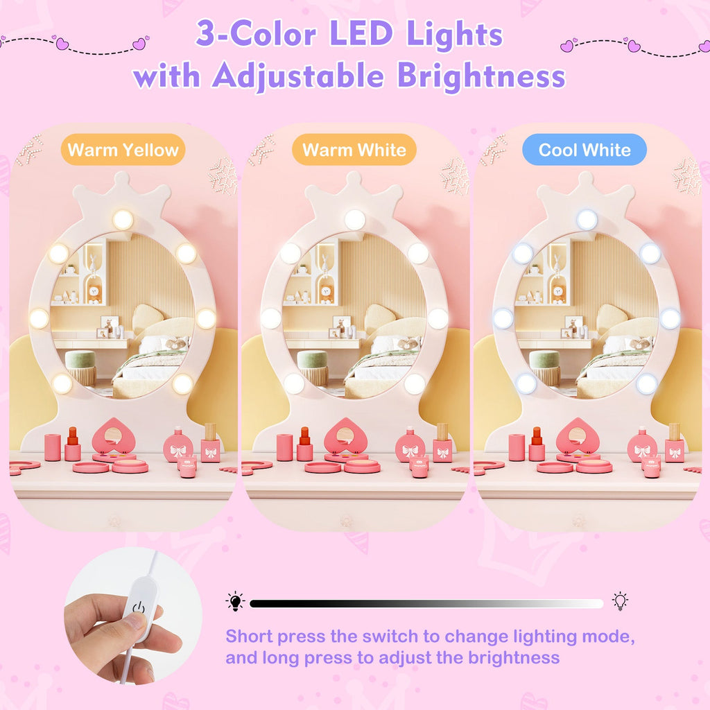 Kids Vanity Set with Lighted Mirror with Adjustable Brightness and Large Drawer-White