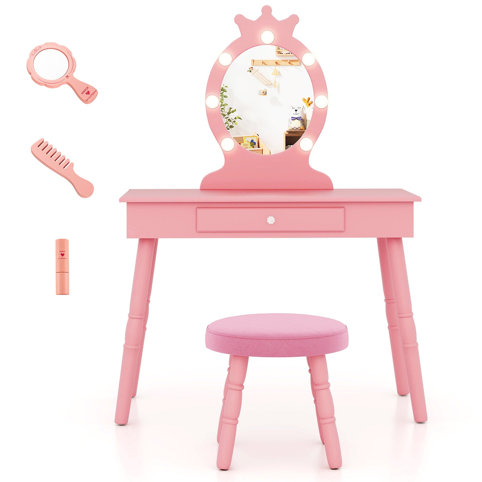 Kids Vanity Set with Lighted Mirror with Adjustable Brightness and Large Drawer-Pink
