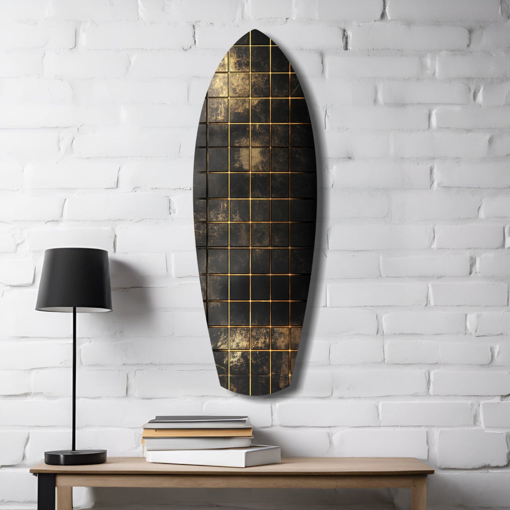 Gold Grid Tiles Black Surfboard Glass Wall Art