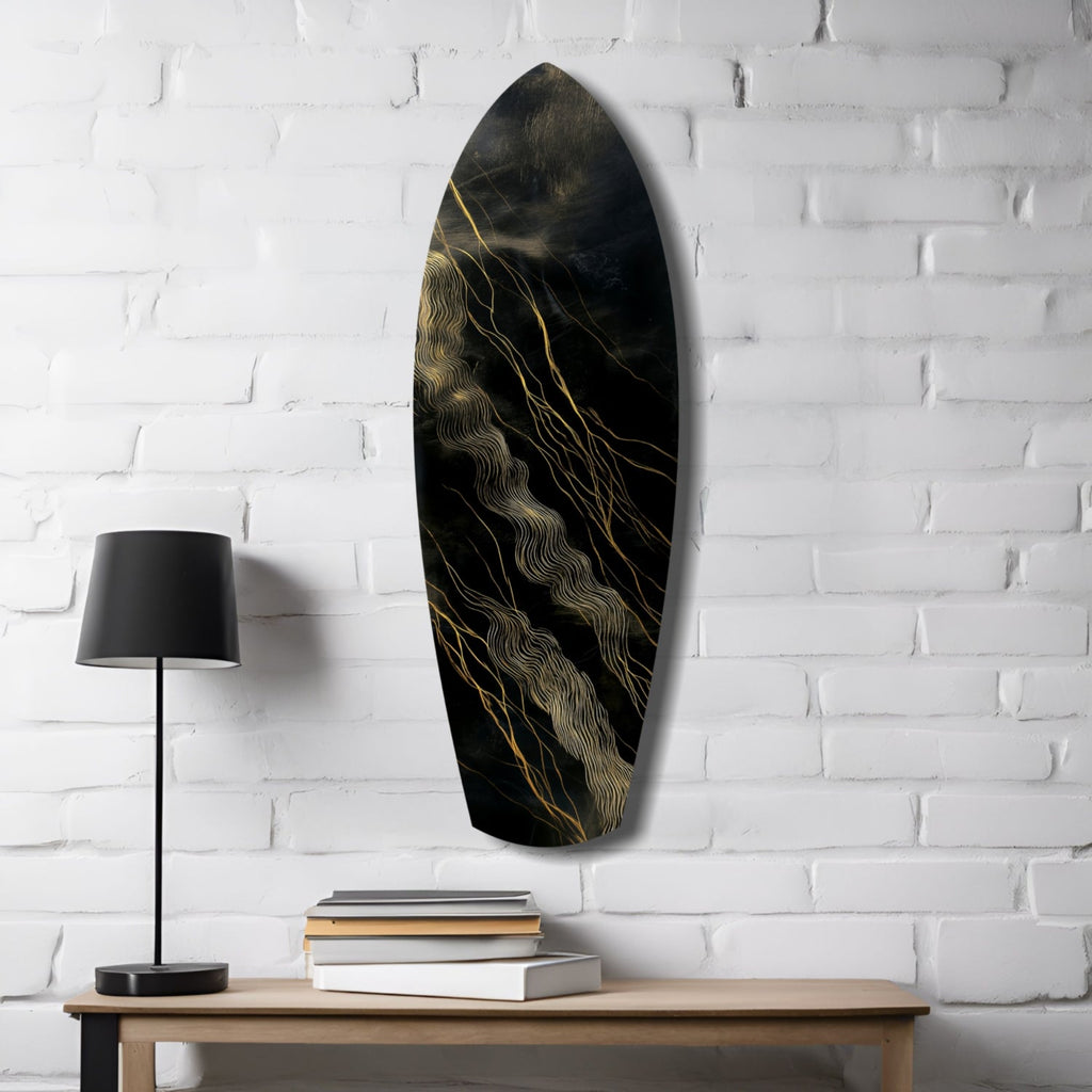 Surfboard Shaped Diagonal Streak Golden Waves Glass Wall Art