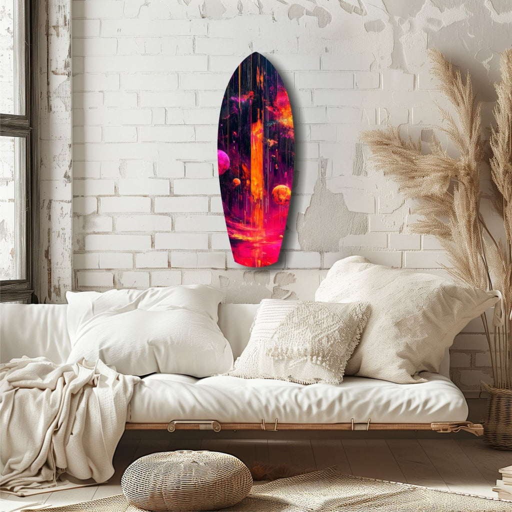 Neon Lava Falls And Planets Surfboard Glass Wall Art
