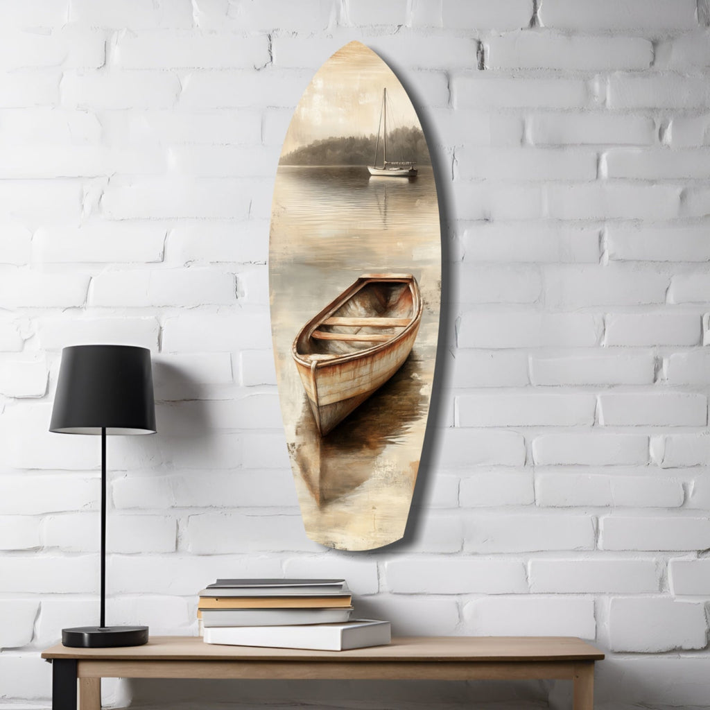 Beige Canoe and Distant Sailboat Glass Wall Art