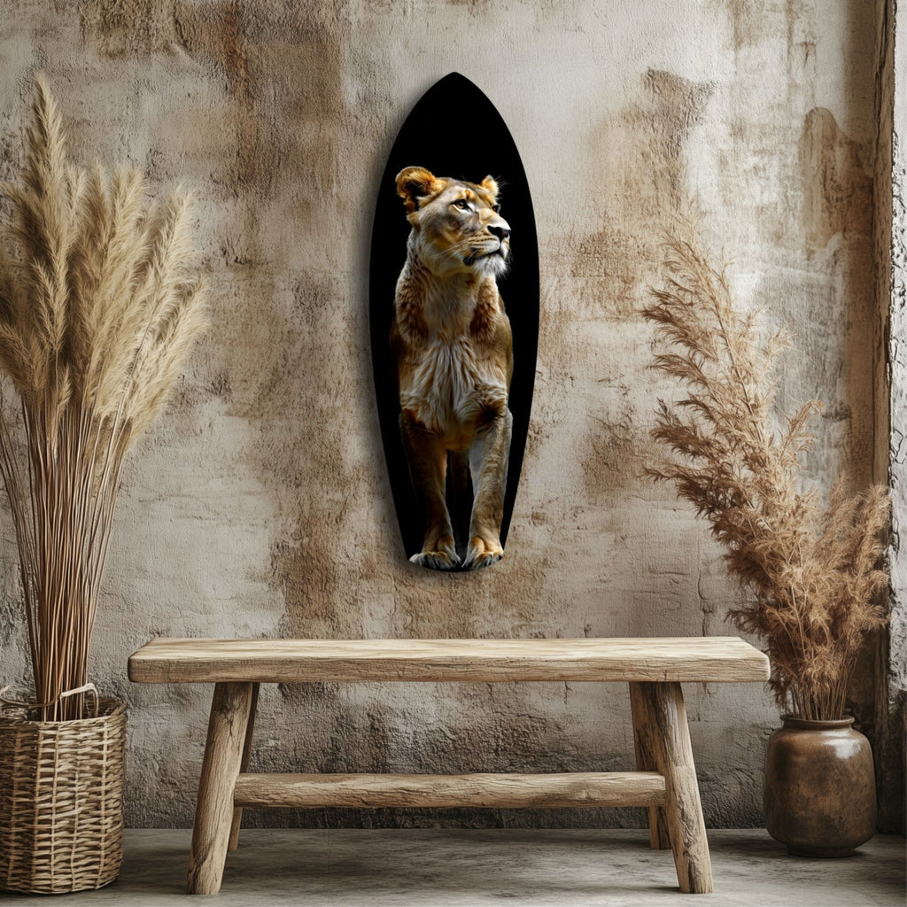 Standing Lioness Golden Portrait Glass Wall Art