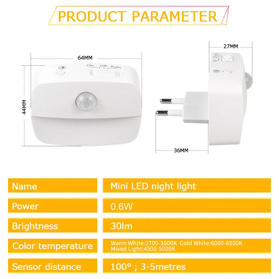 LED Motion Sensor Night Light EU Plug 220V – Plug - In Wall Lamp for Hallway, Stair, Kitchen & Bedroom - PhishStones Products